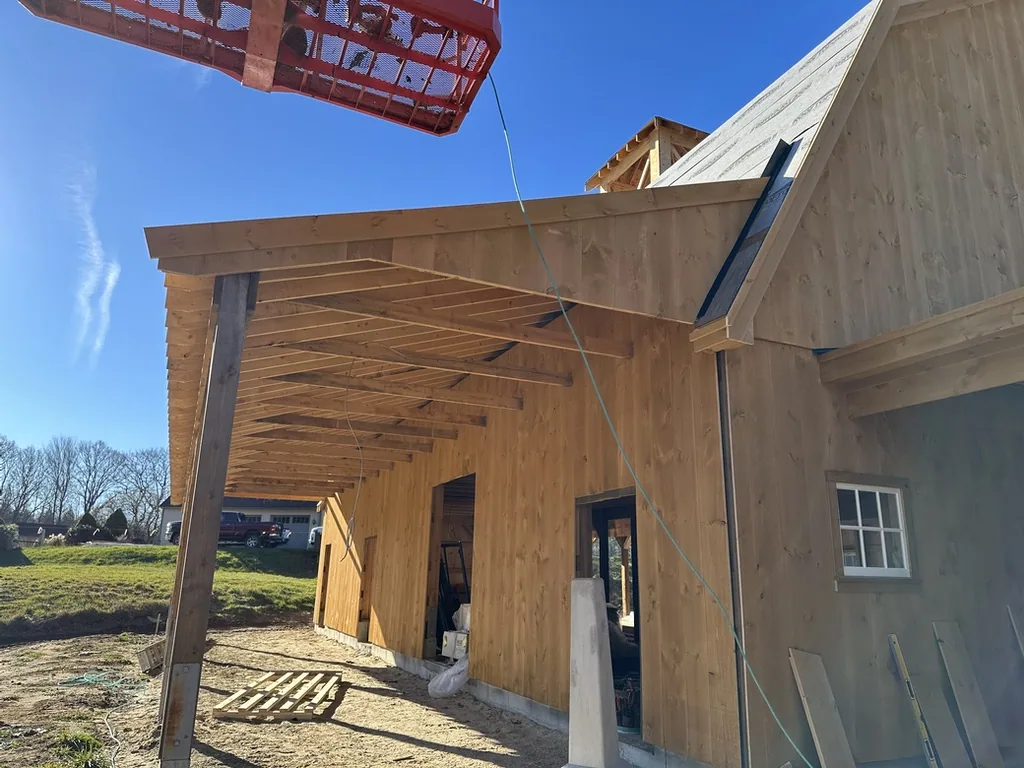 Timber-frame connector structure between the buildings