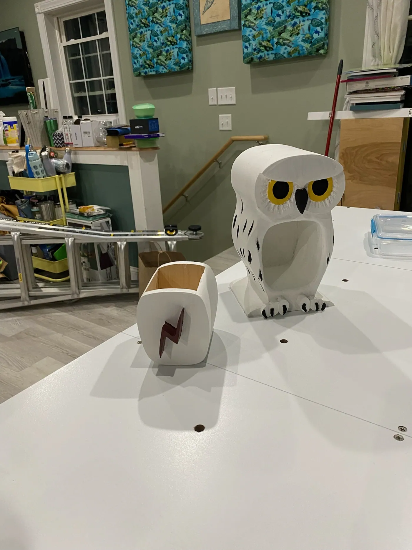 Hand-carved and painted snowy owl keepsake box with a matching lightning-bolt box.