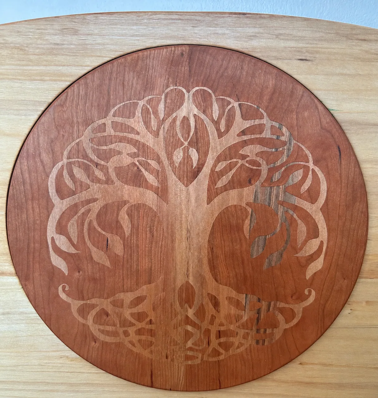 Tree of Life headboard engraving on rounded cherry