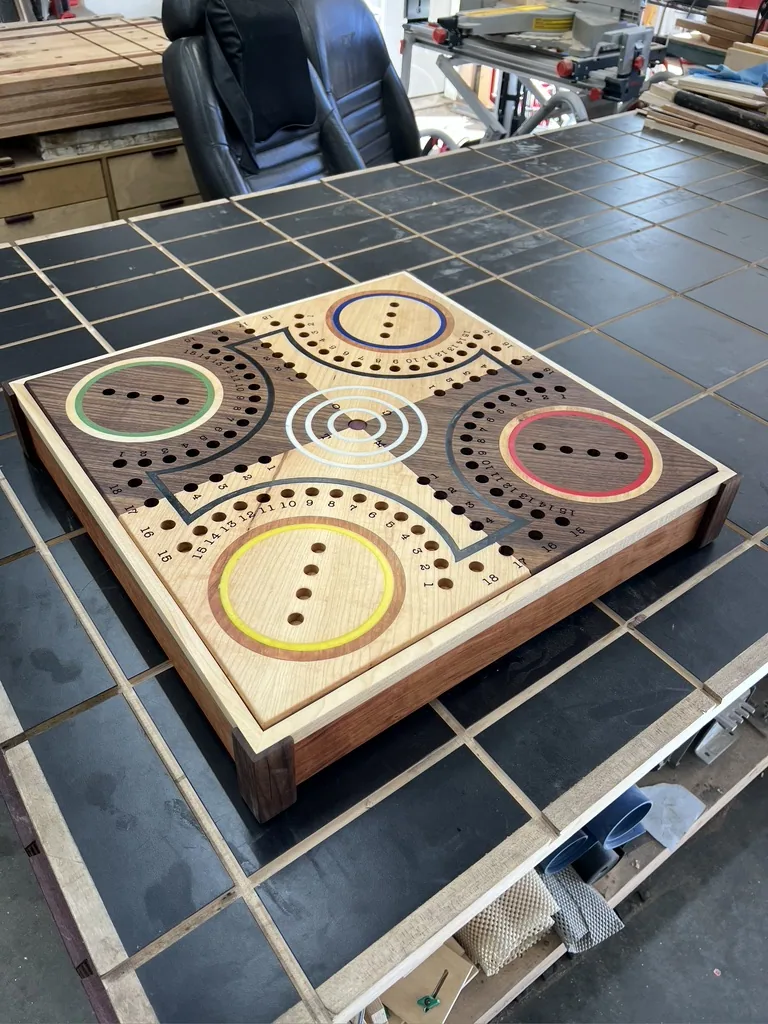 Finished Tock game board with colored inlay on its custom stand