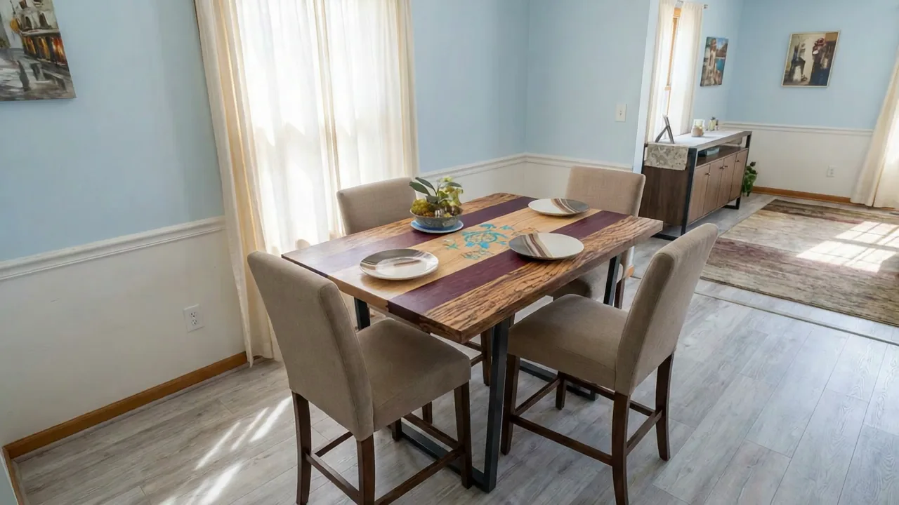 Finished turtle inlay dining table set with plates in a sunlit dining room