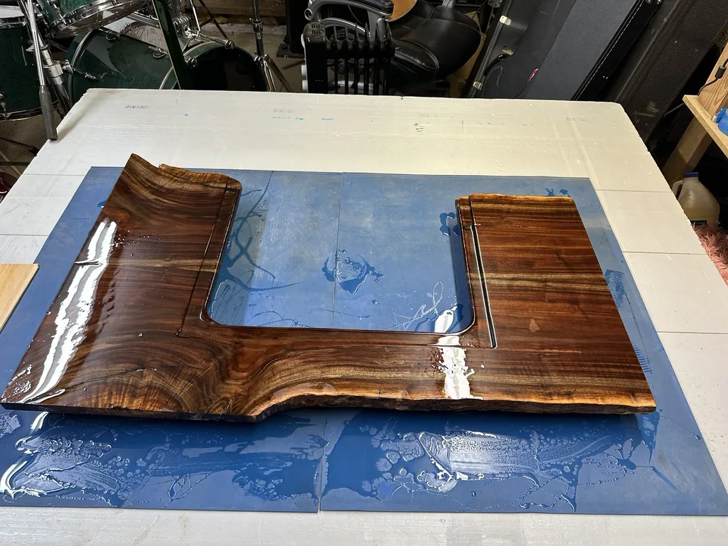 Walnut top during epoxy finishing